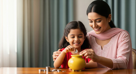 Happy Indian Mother and Daughter Saving Money in Piggy Bank