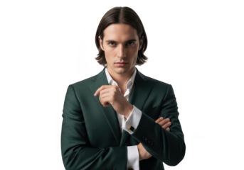 Handsome brunette man in green suit posing with crossed arms, professional portrait, business attire isolated on transparent background