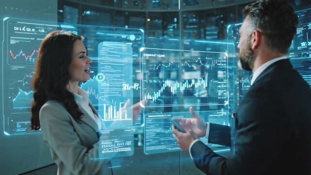 Management strategy business people working in digital screen office digital data concept. Digital transformation. Modern Office Blue Tones coworkers networking research, technology overlay analysis