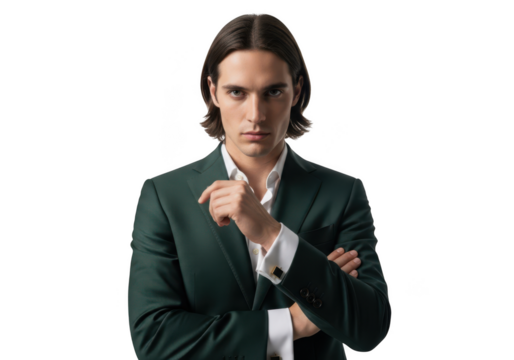 Handsome brunette man in green suit posing with crossed arms, professional portrait, business attire isolated on transparent background - Powered by Adobe
