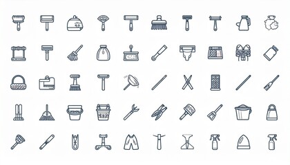Cleaning Supplies Icon Set, House Cleaning Tools Line Art Vector Illustration