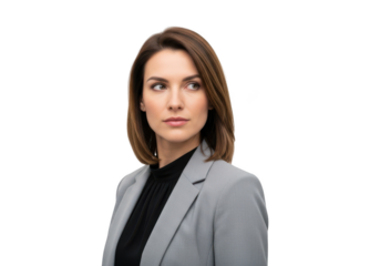 Professional businesswoman portrait with bob haircut in gray suit looking away stock photo image isolated on transparent background