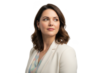 Professional brunette woman in white blazer looking away portrait cutout png image for design and marketing projects isolated on transparent background