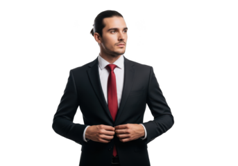 Professional businessman in suit with red tie looking away portrait stock photo image isolated on transparent background