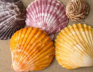 Assorted seashells on a textured sandy surface create a natural, colorful, and slightly abstract composition