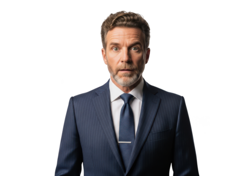 Surprised businessman in suit with shocked expression portrait stock photo image png isolated on transparent background