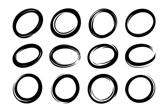 Twelve Hand Drawn Oval Shapes isolated on a transparent background