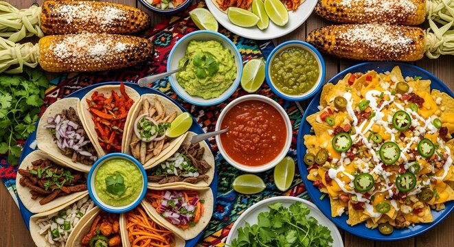 Vibrant mexican fiesta spread with tacos nachos guacamole and corn