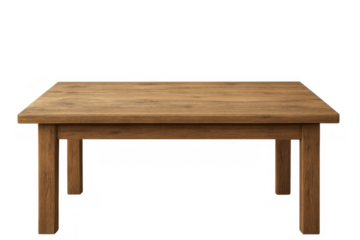Wooden table featuring an empty brown tabletop and natural grain texture. A versatile furniture element with a transparent background