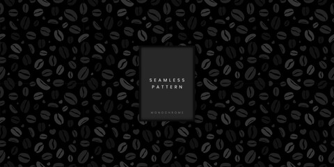 Seamless pattern of scattered monochrome coffee beans on a deep black background