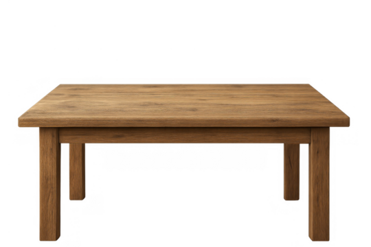 Wooden table featuring an empty brown tabletop and natural grain texture. A versatile furniture element with a transparent background