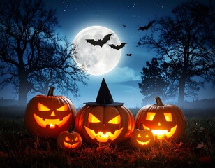 Carved pumpkins glow beneath a moonlit sky with bats, creating a spooky Halloween night scene