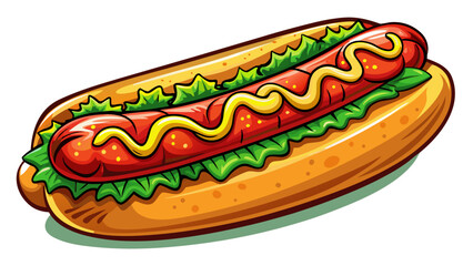 Very beautiful semi-realistic vector illustration of a savory hot dog, featuring a juicy sausage in a soft bun, with detailed textures, vibrant colors, and clean isolated presentation on a white backg