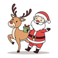 Cute Santa on Reindeer with Present Christmas Illustration