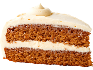 Layered carrot cake slice with frosting isolated on transparent background. Ideal for bakery and dessert visuals.