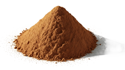 A mound of brown powder on a white surface with a dark shadow behind it in a studio setting