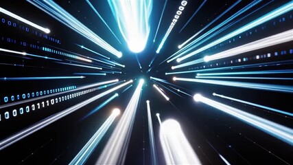 Abstract representation of data flow and binary code in a futuristic digital tunnel, featuring glowing blue and white light trails. - Powered by Adobe