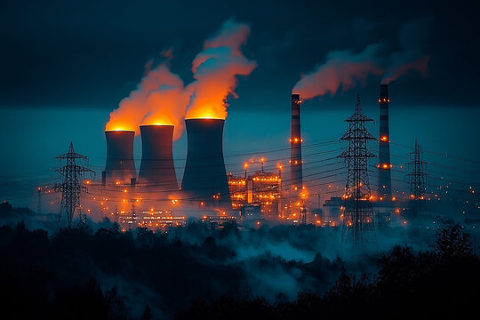 A dramatic nighttime view of a power plant with glowing emissions and towering smokestacks surrounded by fog, emphasizing energy production and environmental impact.