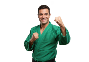 Smiling karate man in green gi ready to fight, martial arts, sports, fitness, training, exercise, isolated on transparent background