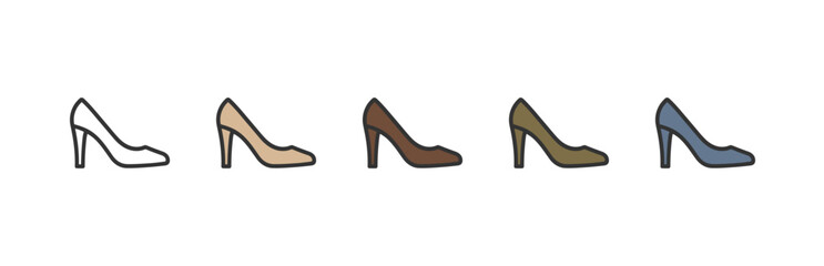 Classic high heels in five color options. Vector flat icons