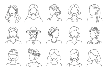 Diverse female portraits line art isolated on a transparent background