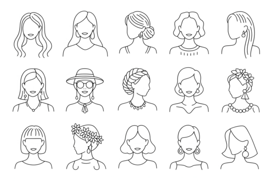 Diverse female portraits line art isolated on a transparent background