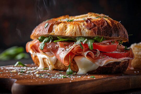 Rustic Italian sandwich with melted provolone, prosciutto, tomato, and basil on golden bread
