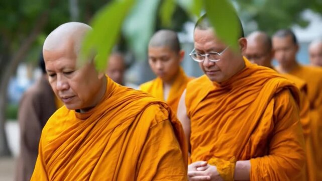A line of monks in orange robes bald heads visible outdoors with blurred background of trees and other figures