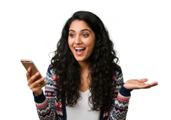 Excited young woman holding smartphone with open mouth and hand gesture isolated on transparent background