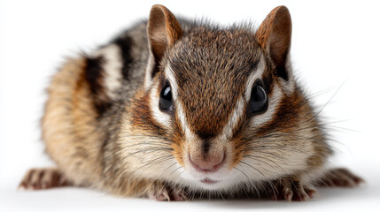 Obraz premium Cute chipmunk gazes intently, its little eyes sparkling with curiosity against stark white background