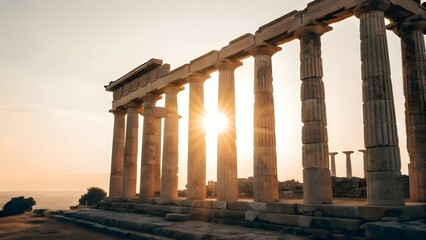 Fototapeta premium Sunlight Shining Through Columns Of Ancient Greek Ruins, Capturing Majestic History, Classical Architecture, And Timeless Beauty Of Cultural Heritage Bathed In Warm Golden Light