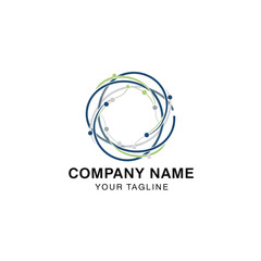 Abstract logo with interconnected blue, green, and grey circles and dots, symbolizing network, technology, and global connections.