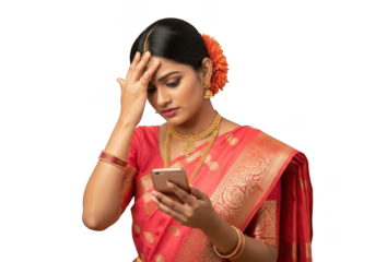 Worried indian woman looking at smartphone in traditional saree and gold jewelry png image for design isolated on transparent background