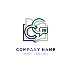 Logo design with CG letters, an open book, and a speech bubble, symbolizing communication, publishing, and education.