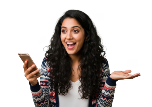 Excited young woman holding smartphone with open mouth and hand gesture isolated on transparent background - Powered by Adobe