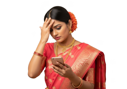 Worried indian woman looking at smartphone in traditional saree and gold jewelry png image for design isolated on transparent background