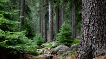 Obraz premium Forest wood background makes you feel tranquil and calm, surrounded by majestic tree. captivating scenery stunning view of nature