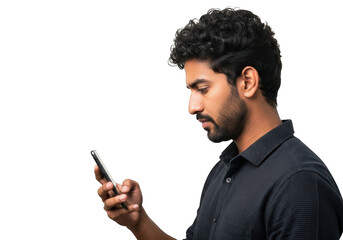 Young man using smartphone mobile cellphone device technology communication application isolated on transparent background