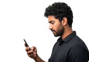 Young man using smartphone mobile cellphone device technology communication application isolated on transparent background