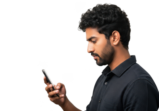 Young man using smartphone mobile cellphone device technology communication application isolated on transparent background - Powered by Adobe
