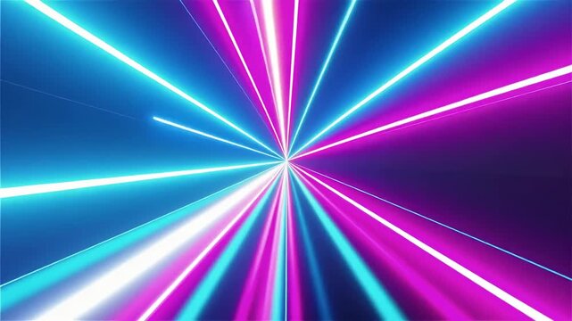 Abstract futuristic background with converging blue and pink neon light lines reflecting on a dark surface.