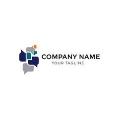 Logo design with overlapping speech bubbles in various colors.