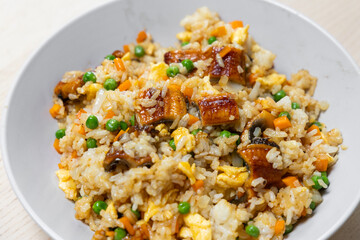Close-up view of unagi fried rice.