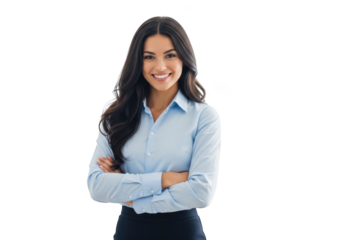 Confident businesswoman smiling with arms crossed professional headshot portrait stock photo image isolated on transparent background