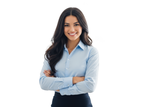 Confident businesswoman smiling with arms crossed professional headshot portrait stock photo image isolated on transparent background