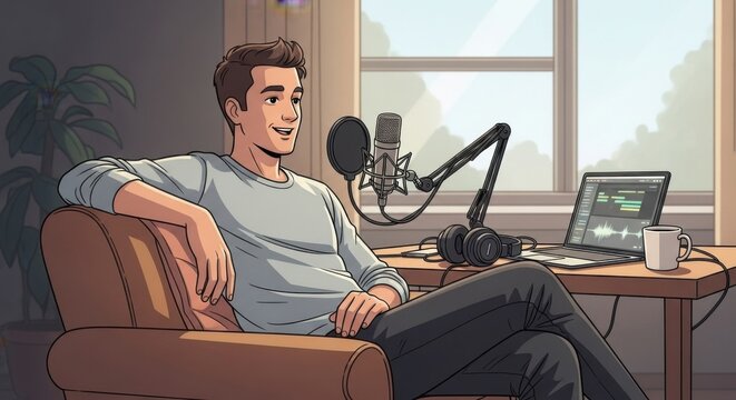 Content creator relaxing in his room after completing a podcast episode