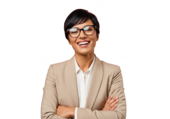 Smiling businesswoman wearing glasses with arms crossed png image for professional use stock photo, isolated on transparent background