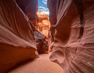 Carved sandstone walls frame a distant building, viewed through a canyon under a bright sky