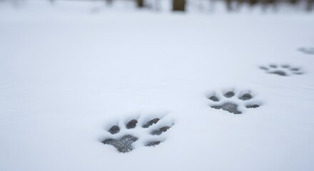 Close up of cat paw prints in pristine white snow leading forward for a winter journey concept and serene wildlife tracking