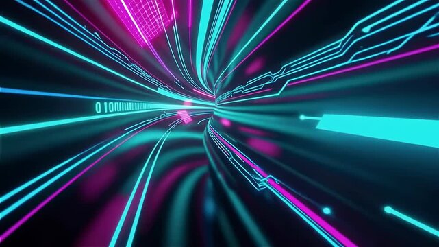 Futuristic digital data tunnel with glowing neon blue and pink lines, binary code, and grid patterns.